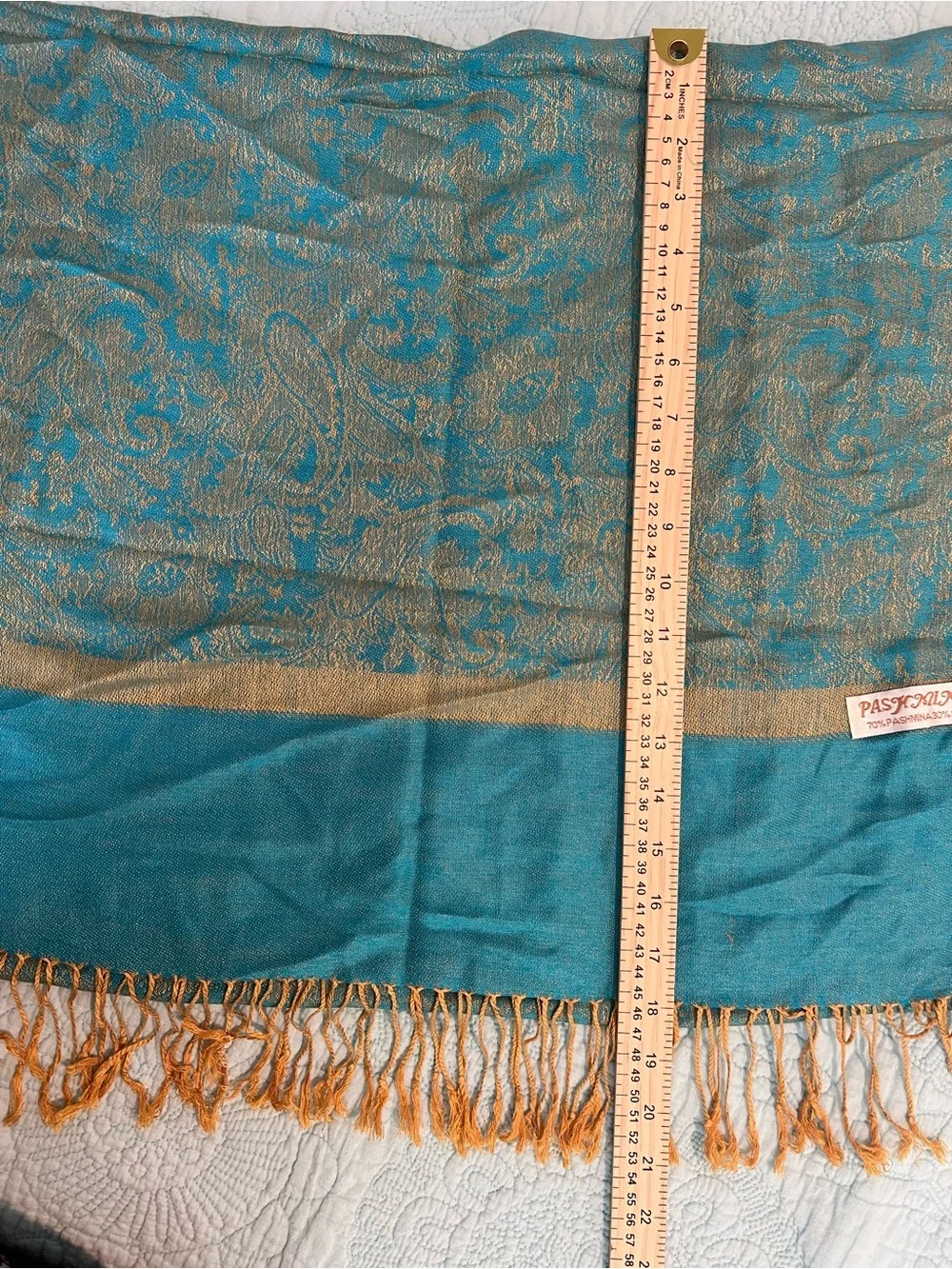 pashmina Teal and Gold Paisley Draped Shawl with Fringe